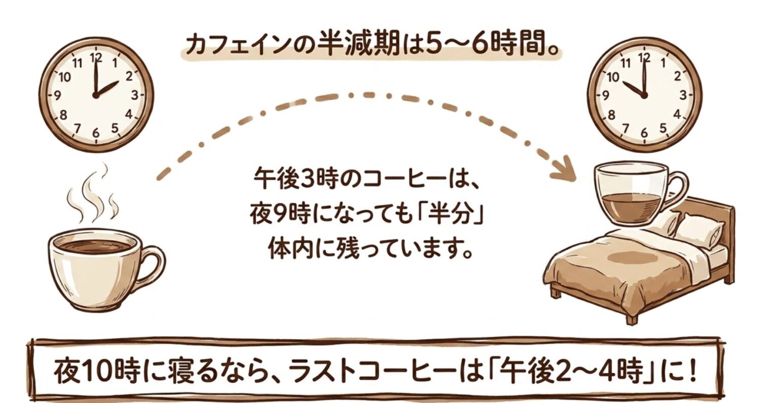 カフェインの半減期は５〜６時間